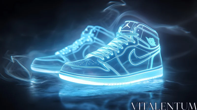 Futuristic glowing sneakers in neon blue digital art style.
