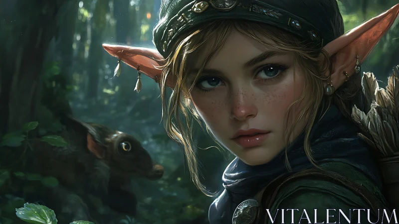 Forest elf archer gazes calmly through dappled forest light