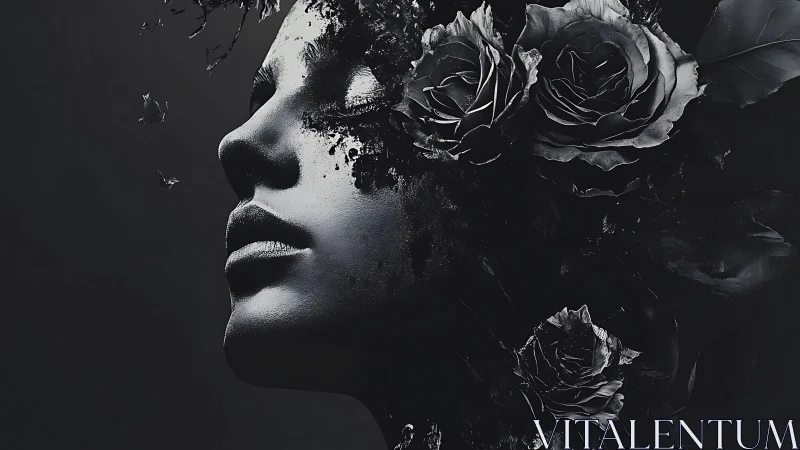 Monochrome female profile merged with dark blooming roses.