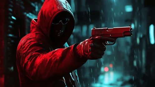 Hooded figure aims handgun in rainlit urban alley
