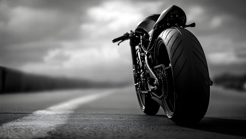 Custom sport motorcycle on open road in moody grayscale.