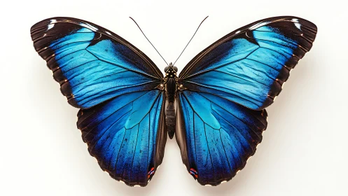 Blue morpho butterfly with open wings on white background.