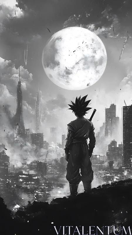 Lone moonlit warrior surveying a shattered grayscale megacity.