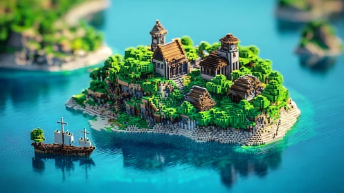 Isometric Fantasy Island: Voxel Architecture and Coastal Settlement.