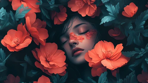 Female face surrounded by red flowers and dark foliage.