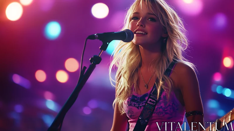 Stage-lit vocalist with electric guitar in bokeh-saturated spectrum.