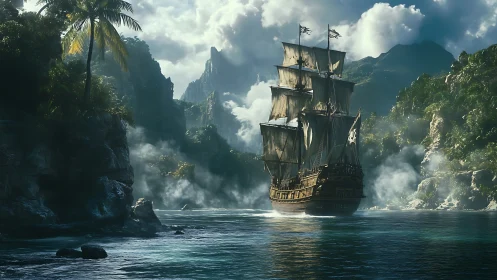 Majestic tall ship glides through misty tropical cove