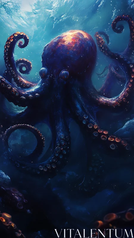 Giant octopus dominates deep blue underwater environment