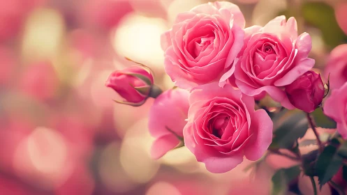 Pink Roses in Soft Sunlight. Close Garden Detail.