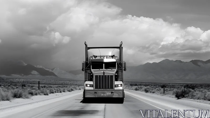 Long‑haul diesel semi on desert highway under stormfront.