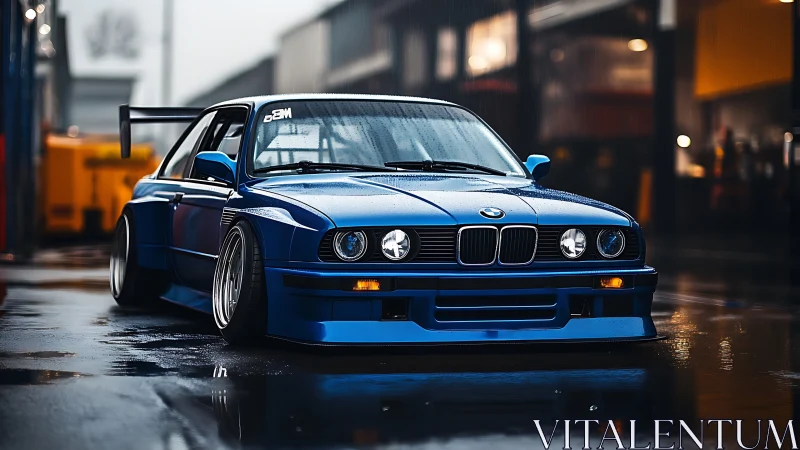 Photorealistic low-angle study of a tuned blue BMW coupe.