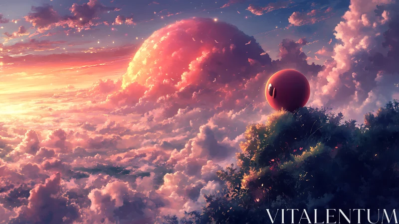 Pink orb gazes over dreamy sunset cloud sea in wonder.