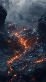 Molten Lava Flow Through Dark Volcanic Canyon.