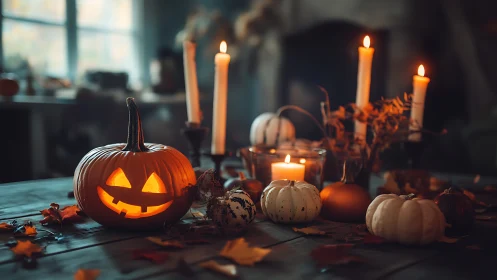 Carved jack-o-lantern and candles on wooden table indoors.