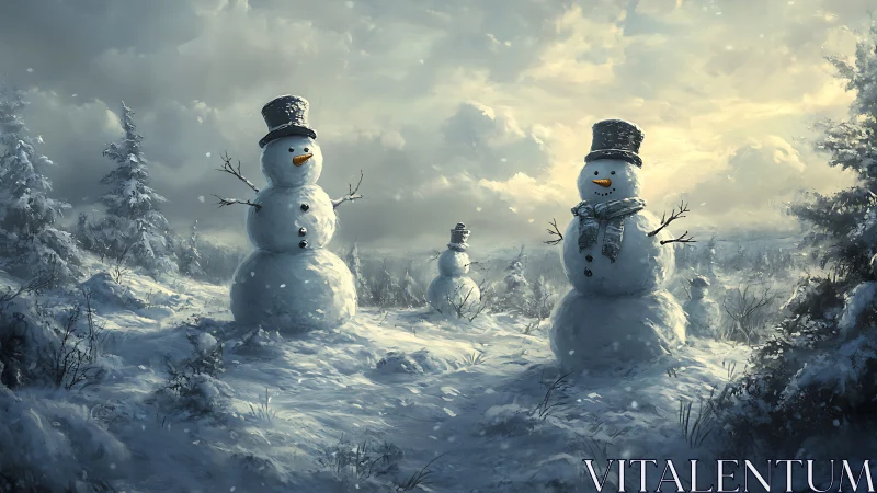 Friendly snowmen greeting the soft glow of winter sunset.