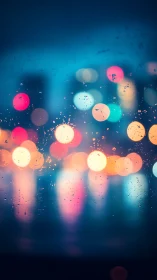 Defocused urban bokeh through rain‑speckled window glass.