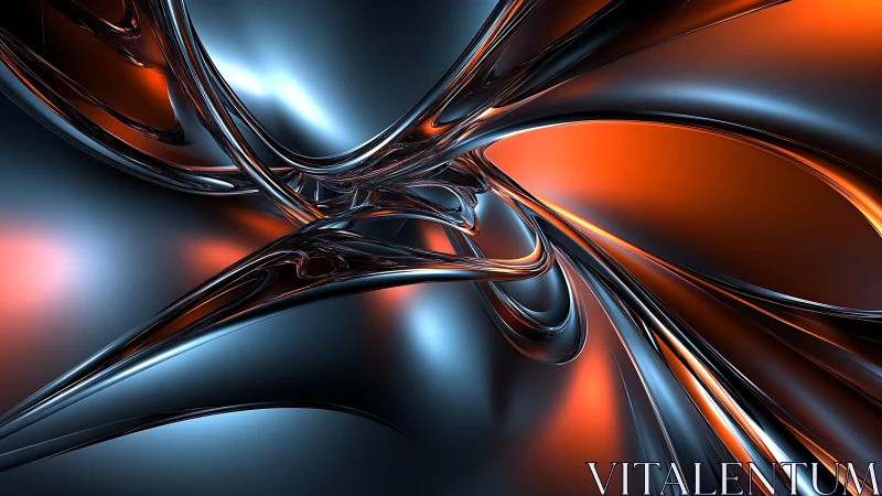 Futuristic metallic abstract art with orange and blue reflections.