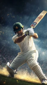 Storm-slashed cricket swing in a halo of flying stadium dust.