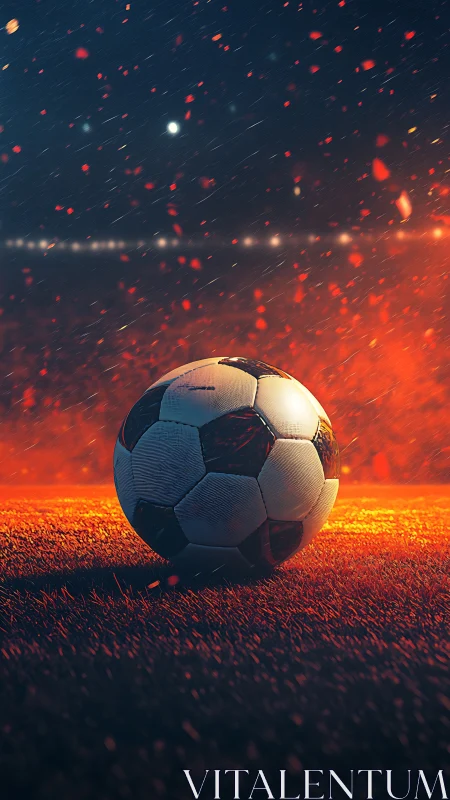 Ignited soccer ball on wet pitch under cinematic sparks.