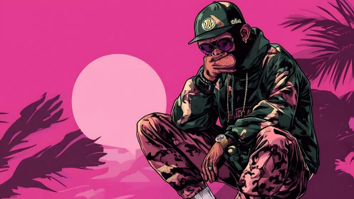 Streetwear-clad ape character under neon pink sun in vector art