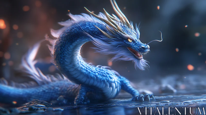 Blue serpentine dragon crouches on wet ground, glowing softly