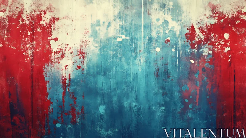 Abstract red, blue, and white textured painting with grunge style.
