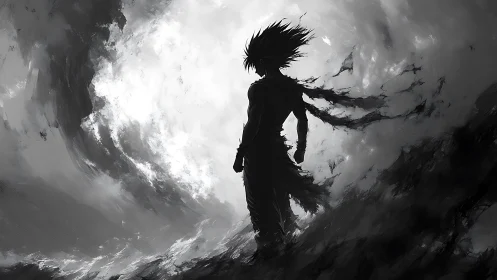 Silhouetted warrior stands against storm of swirling light.