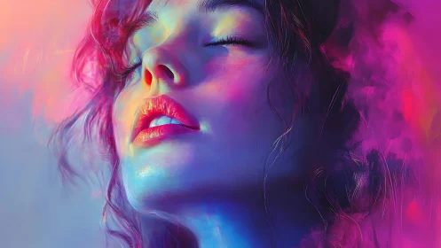 Neon-lit portrait merges serenity with vibrant color storm.