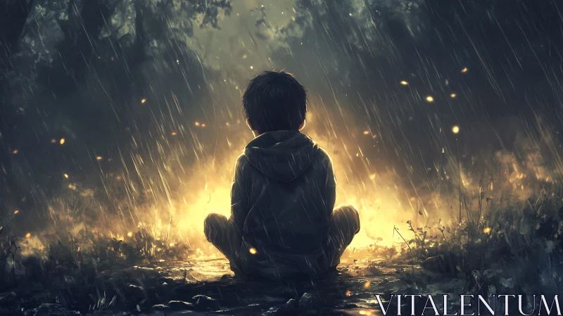 Solitary child seated in rain before warm glowing light.