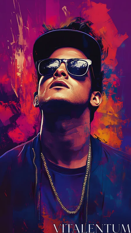 Urban portrait of man in sunglasses with neon colors.