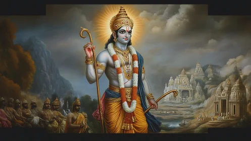 Divine warrior deity stands before temples in atmospheric landscape