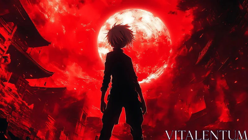 Silhouetted warrior stands before burning city and red moon