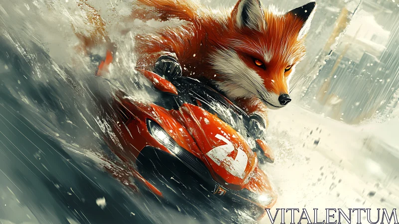 Fox racer powers through snowstorm on crimson superbike.