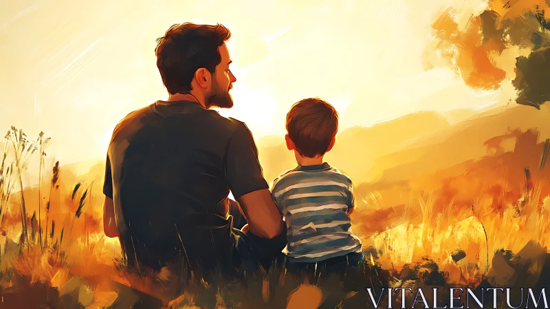 Two figures sit in a field facing a bright sunset sky