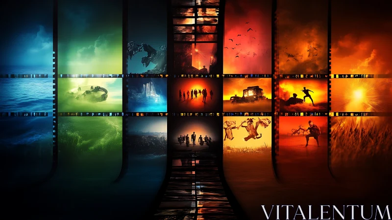 Panoramic cinematic storyboard grid maps color-graded narrative arcs