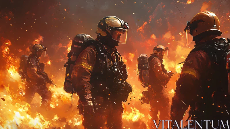 Firefighters in intensive structural fire environment.