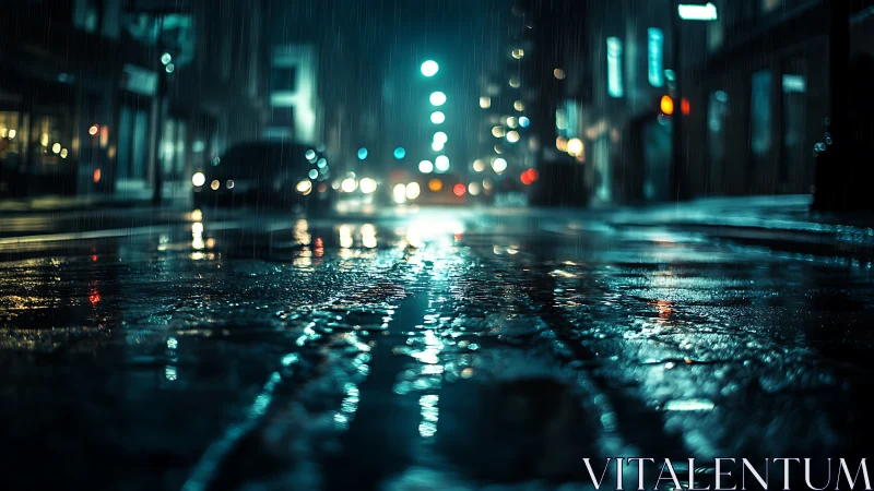 Rain soaked urban street surface reflects blurred car lights