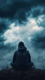 Quiet hooded figure resting beneath deep stormy skies.