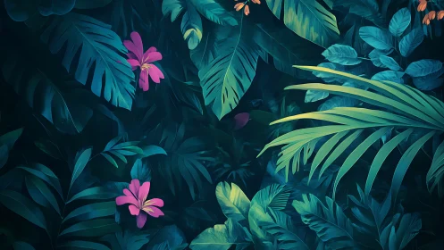 Dense tropical foliage with pink flowers rendered in detail