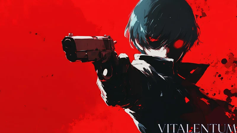High contrast anime gunman with red negative-space background