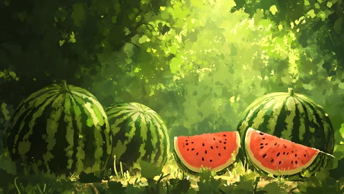 Sunlit garden watermelons waiting for a summer taste.