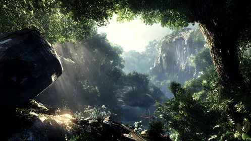 Subterranean canyon with limestone formations and vegetation.