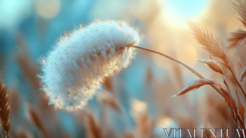 Macro study of backlit seed head in warm bokeh field.