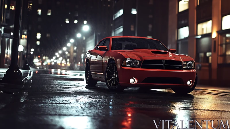 Midnight red muscle car paused on rain-glossed city streets.