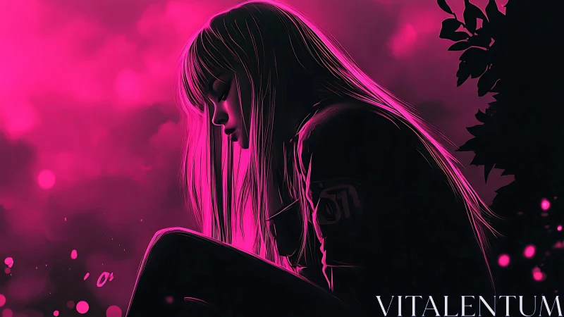 Side-profile neon silhouette shows girl sitting in shadow