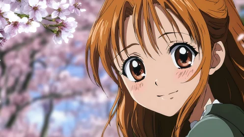 Smiling anime girl under soft pink spring cherry blossoms.