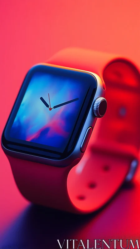Smartwatch with red band displayed under vivid lighting
