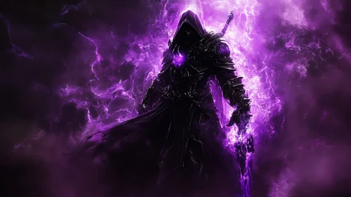Dark mage commands swirling violet energy storm