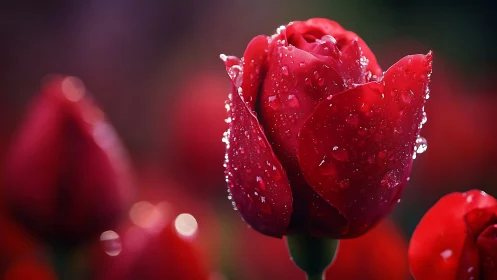 Red Tulip Covered in Dew Drops.