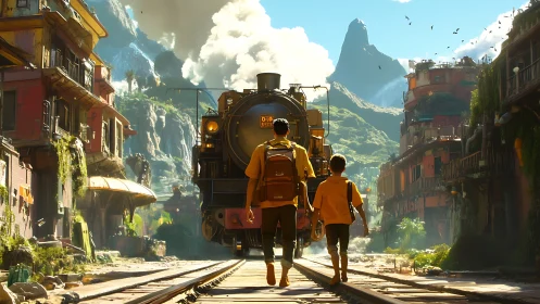 Cinematic father and son walking toward retro locomotive at dawn